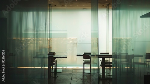 A photo of glass walls and minimal restaurant design.