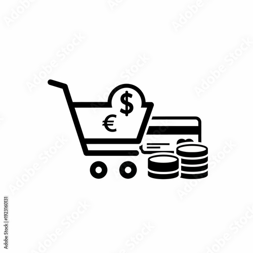 Shopping cart with money, coins, and credit card, representing online purchases and financial transactions. This image symbolizes the ease of digital shopping