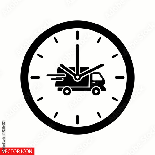 Delivery truck icon inside a clock, representing speed and efficiency. The image conveys the concept of timely and punctual service delivery. 