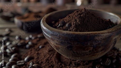 A photo of ground coffee in a wooden bowl.