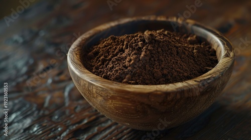 A photo of ground coffee in a wooden bowl.