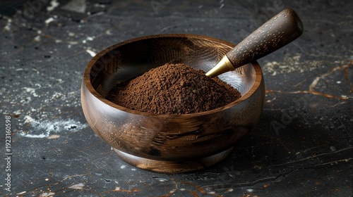 A photo of ground coffee in a wooden bowl.