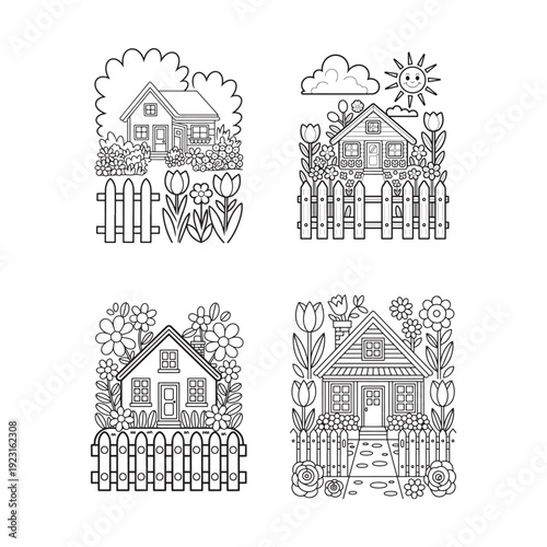 Sweet spring cottage coloring page with blooming garden picket fence retro cute simple bold style outline