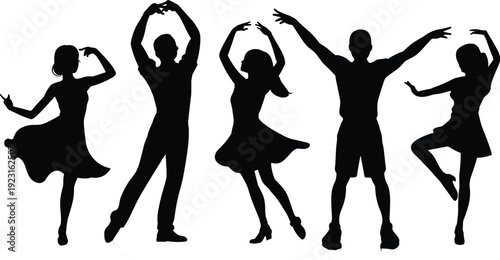 Black silhouettes of energetic dancers performing dynamic hip hop and contemporary dance moves isolated on white background, creative choreography concept for music, youth culture and entertainment