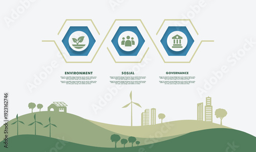 Green city and alternative renewable energy infographic. ESG, environmental social and governance concept Paper art Vector illustration.