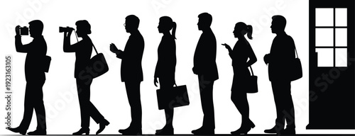 Silhouette of business people standing in queue with briefcases and coffee near office door, corporate waiting line concept isolated on white background