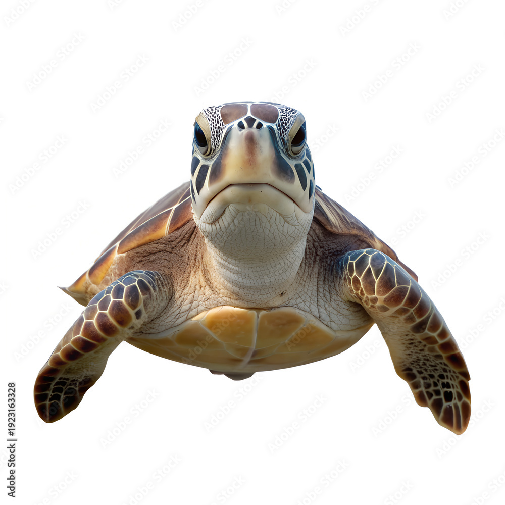 Fototapeta premium Green sea turtle swimming forward on a transparent background, front view, detailed shell and skin texture