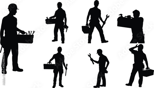Handyman worker silhouettes carrying toolbox holding wrench tools collection, repair technician team set, occupation people illustration concept