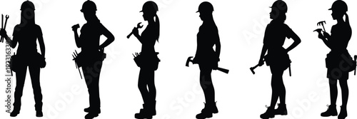 Female construction worker silhouettes holding tools collection, builder technician women team set, occupation people illustration concept