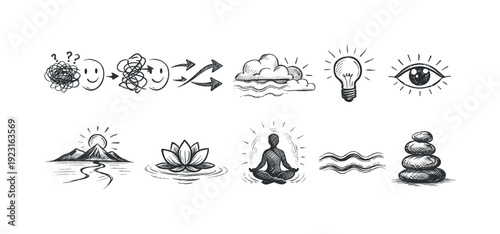 Meditation and mindfulness outline icon set. Zen, peace, relaxation line art collection