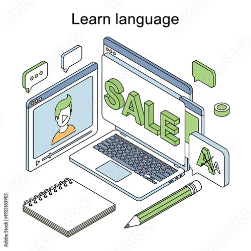 Online learning platform showcasing language skills with laptop, notebook, and pencil surrounding interactive sale advertisement digital illustrations