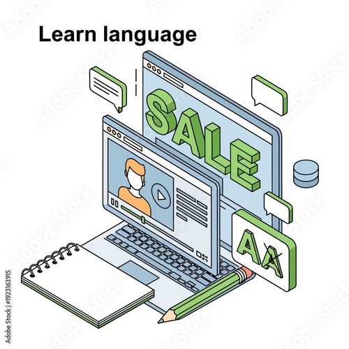 Laptop computer with open online language learning course and sale advertisement on screen surrounded by stationery