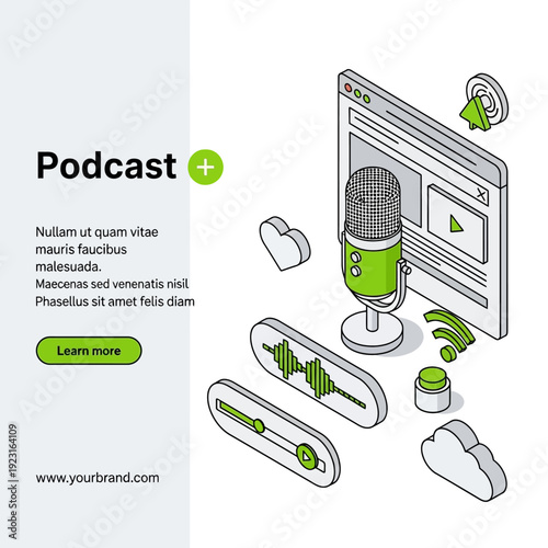 Illustration of a microphone and web page on a clean white background showcasing podcast recording from a modern viewpoint