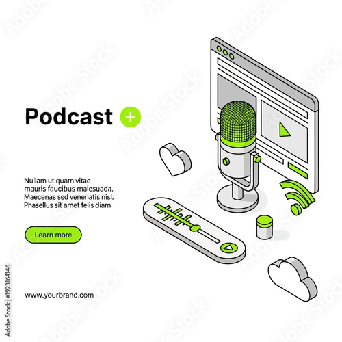Modern podcast recording setup with microphone and headphones on a computer screen displaying a play button