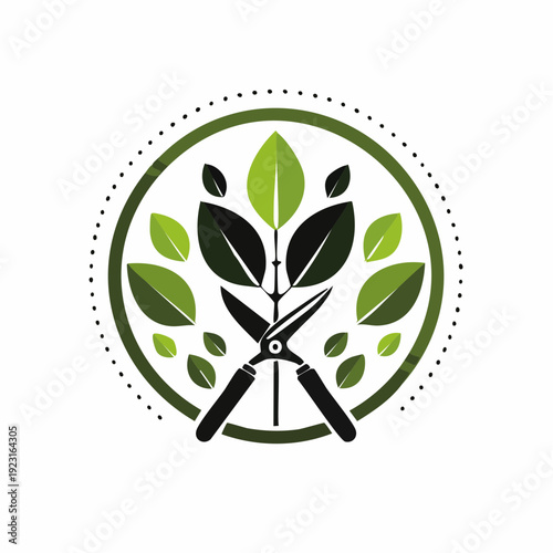 Vibrant green plant stem with elegant leaves being carefully tended by a pair of sharp pruning shears, all encapsulated within a neat circular emblem, symbolizing growth and horticultural expertise