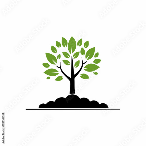 A vibrant green tree growing from fertile soil, symbolizing growth and nature's beauty, perfect for environmental or ecological themes