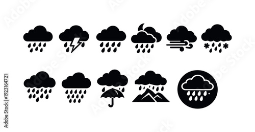 Weather solid icon set. Rain, storm, snow, cloud icons solid style collection