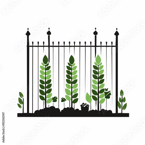 Garden fence with growing green plants, symbol of nature, growth and horticulture
