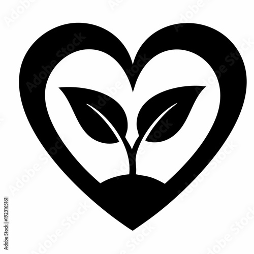 A black and white illustration of a heart embracing a sprouting plant symbolizing growth and care within a nurturing environment