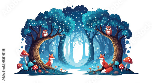 Mystical fairy tale forest with glowing blue trees, charming foxes, owls, and colorful toadstools.