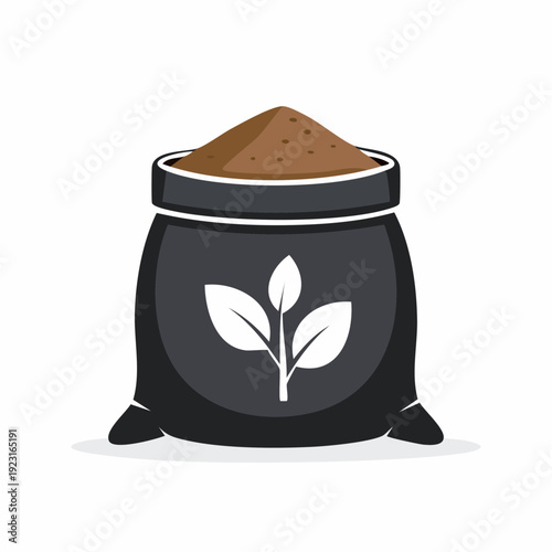 Vector illustration of a black bag filled with fertile soil, featuring a leaf emblem, symbolizing organic plant nourishment for gardening