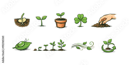 Gardening and plant growth icon set. Nature, eco outline icons collection