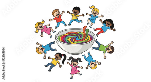 Colorful vector illustration of happy children dancing around a bowl of Holi colors on a fun and joyful festival background.