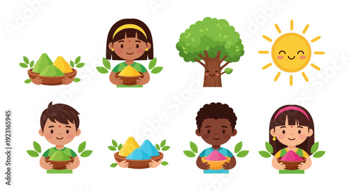 Colorful vector illustration of children celebrating Holi with powder, set against a fun and happy background with a tree and sun.