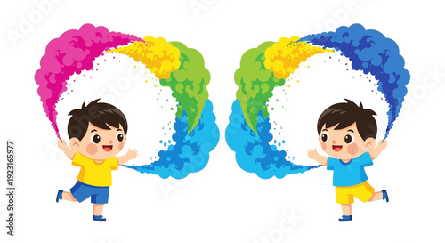 Colorful vector illustration of two happy children playing with vibrant Holi powder in celebration of the festival, set against a fun and joyful background with rainbow colors.