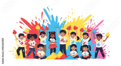 A vibrant illustration of diverse children celebrating Holi with colorful paint splatters in the background, conveying joy and fun in a festive atmosphere.