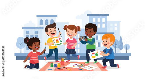 Vector illustration of diverse children playing and celebrating Holi with colorful paints and joyful expressions in a fun, festive background.