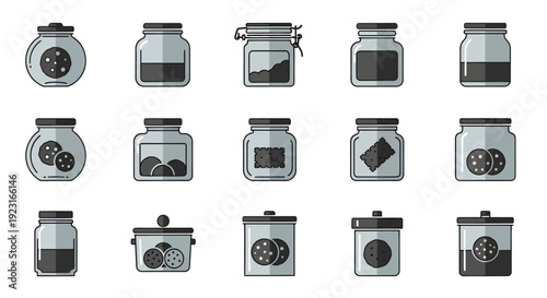 Set of Cookie Jar Icons in Flat Monochrome Style, Glass Containers with Various Biscuits and Snacks for Kitchen Storage and Bakery Branding
