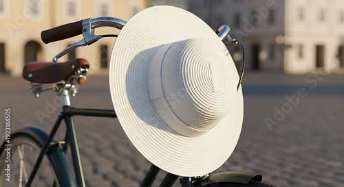 White Sun Hat on Bicycle Handlebars.