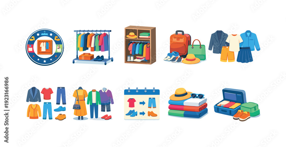 Naklejka premium Clothing and wardrobe 3d icon set. Fashion, apparel, travel icons collection