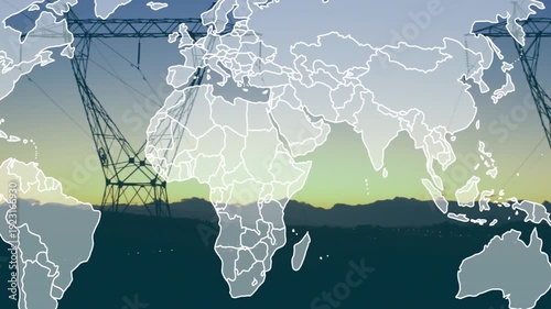 On start faint world map appearing borders tracing shifting west framing towers showing power grid