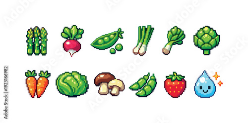 Vegetable and fruit pixel icon set. Fresh produce icons in pixel art style.