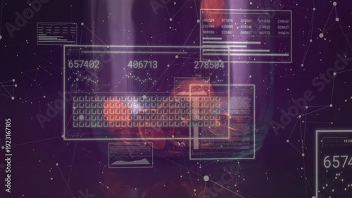 Hands typing keys causing faint panels rising, counters updating and widgets stacking for live data