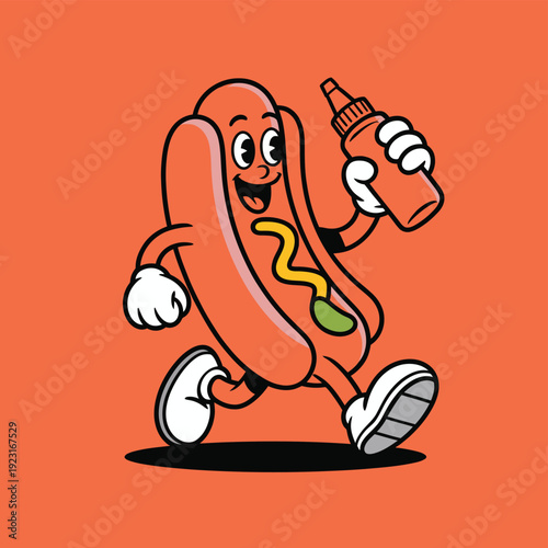Happy cartoon hot dog mascot runs holding a condiment bottle.