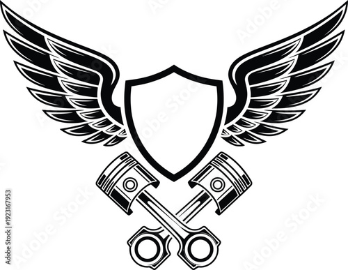 Winged shield emblem with crossed pistons logo