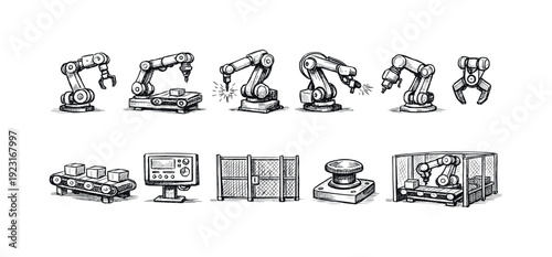 Industrial automation line icon set: robots, manufacturing, conveyor icons collection