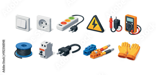 Electrical safety icon set. Tools, devices, components 3d icons collection