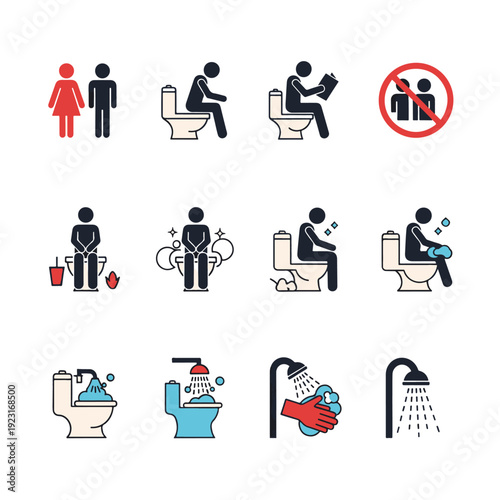 Collection of restroom and hygiene related pictograms and icons.