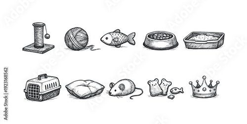 Pet care outline icon set. Cat essentials, toys, and health icons collection.
