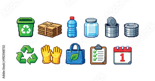 Recycling and sustainability pixel icon set. Environment, waste management pixel art.