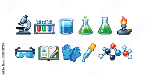 Science and laboratory pixel icon set. Lab equipment, experiment symbols in pixel art.