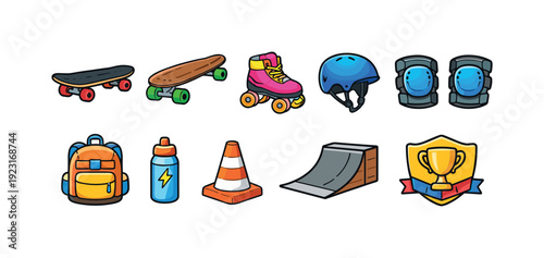 Skateboarding equipment 3d icon set. Protective gear and accessories collection.
