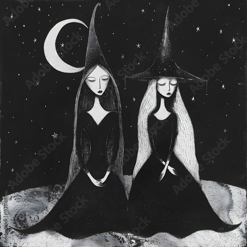 Gothic Moon Witch Illustration with Celestial Night Sky