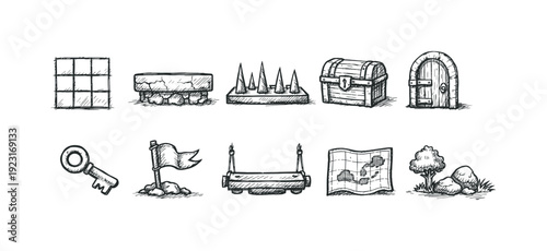Treasure hunt sketch icon set. Adventure, exploration, quest icons outline collection