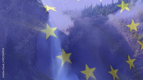 Yellow stars entering sides, shifting, rotating over falls, forming ring and highlighting waterfall