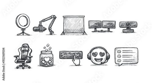 Home office streaming icon set. Flat icons for remote work, content creation